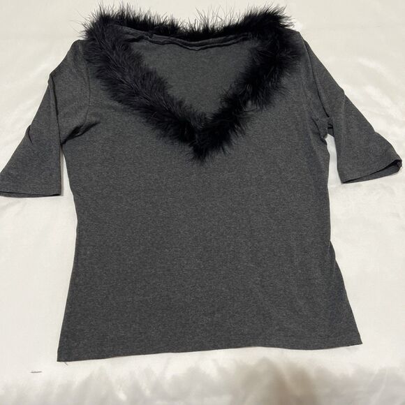 VTG USA 80s Black Feather V Neckline Gray Top Shirt Blouse Stretch 3/4 Sleeves - Picture 6 of 11